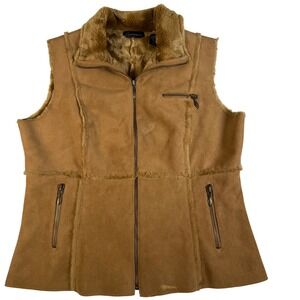 Context Women's Brown Faux Suede Fur Lined Vest Size L Zip Up‎ Casual Outerwear